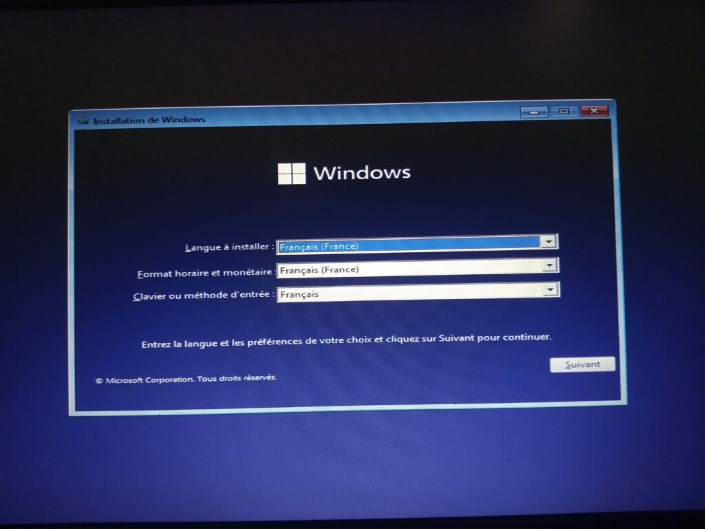 Choix de la langue pour installer le Windows 11 sur votre Pc