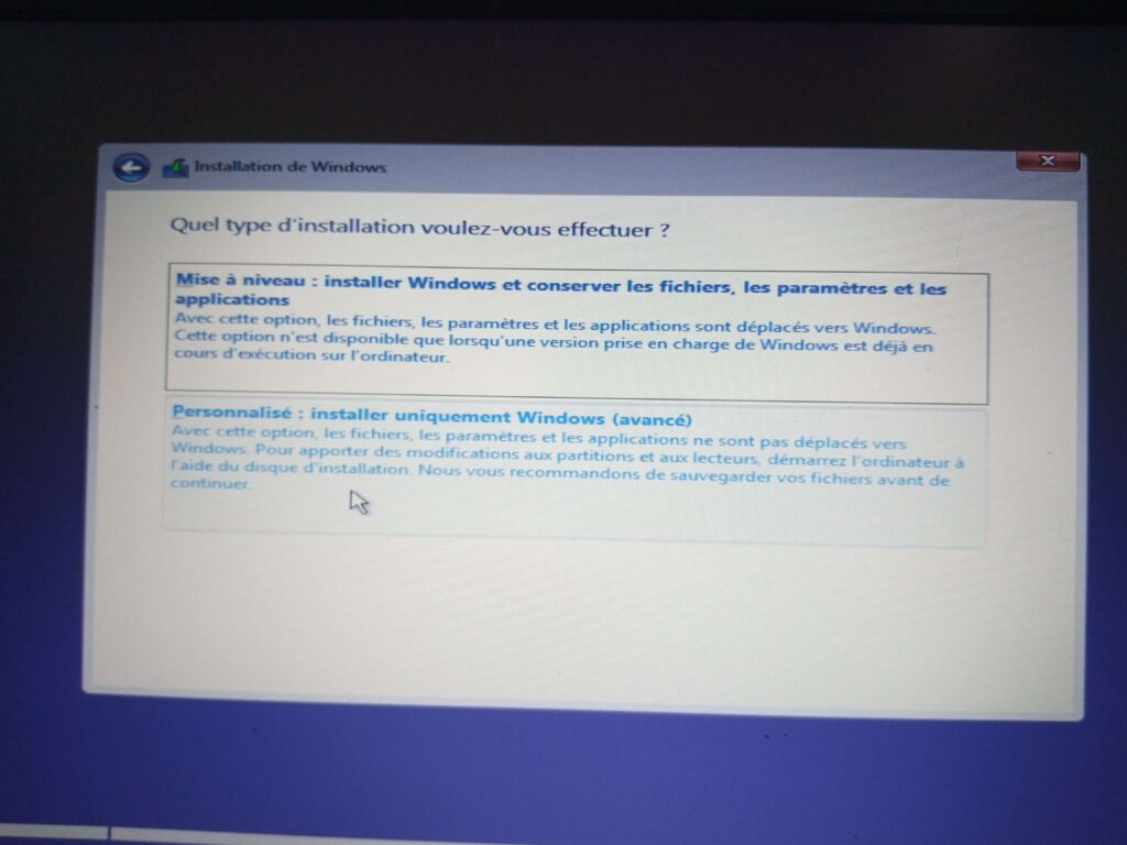 Type d'installation de Windows 11 pour installer le Windows 11 sur un ordinateur
